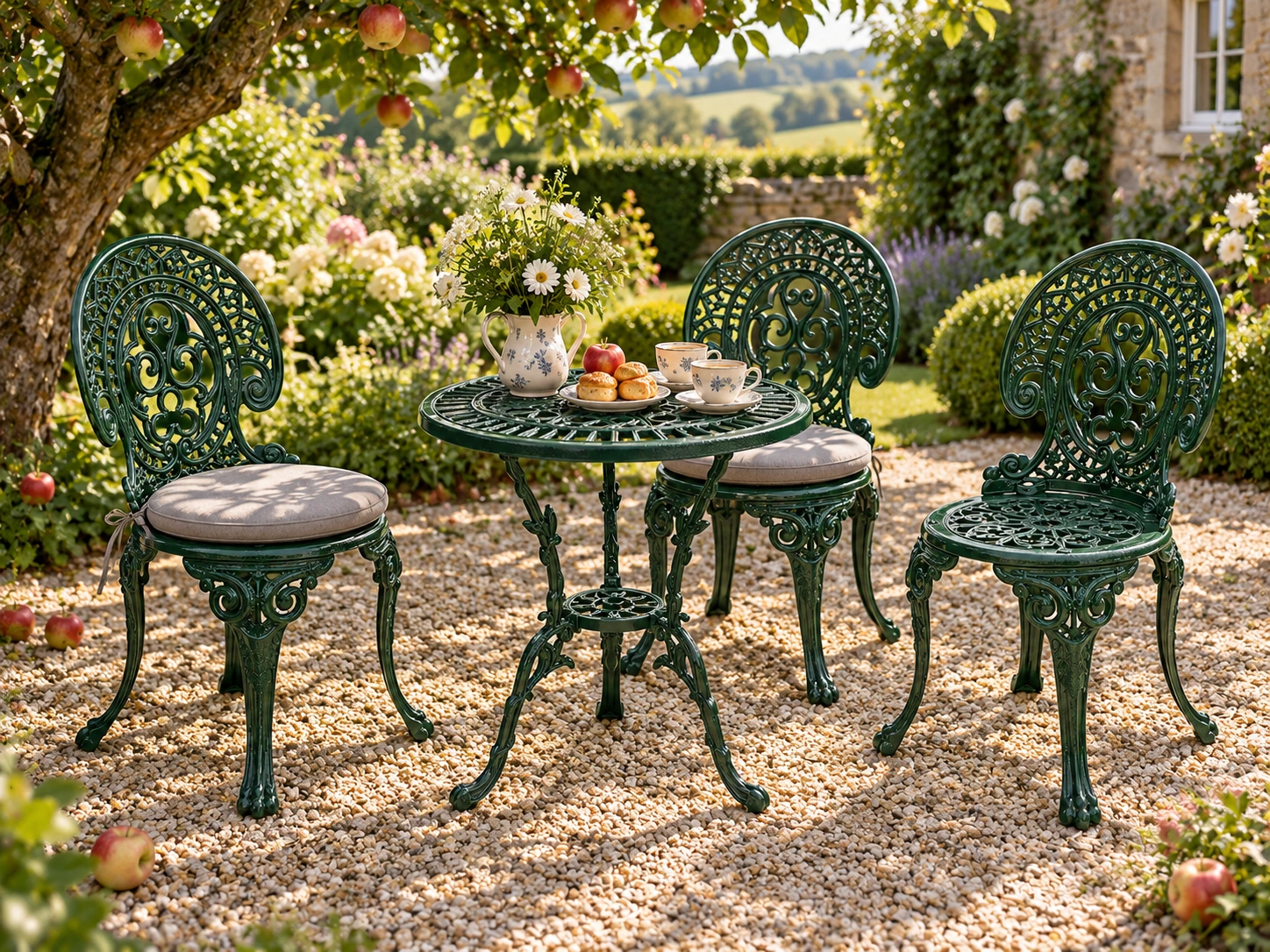 Beispielansicht: dunkelgrünes Romantic-Set mit einem Tisch und drei Stühlen im Garten