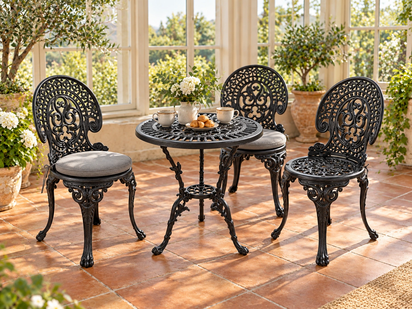 Beispielansicht: schwarzes Romantic-Set mit einem Tisch und drei Stühlen im Wintergarten