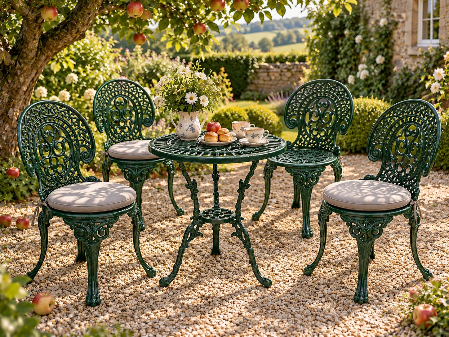 Beispielansicht: dunkelgrünes Romantic-Set mit einem Tisch und vier Stühlen im Garten