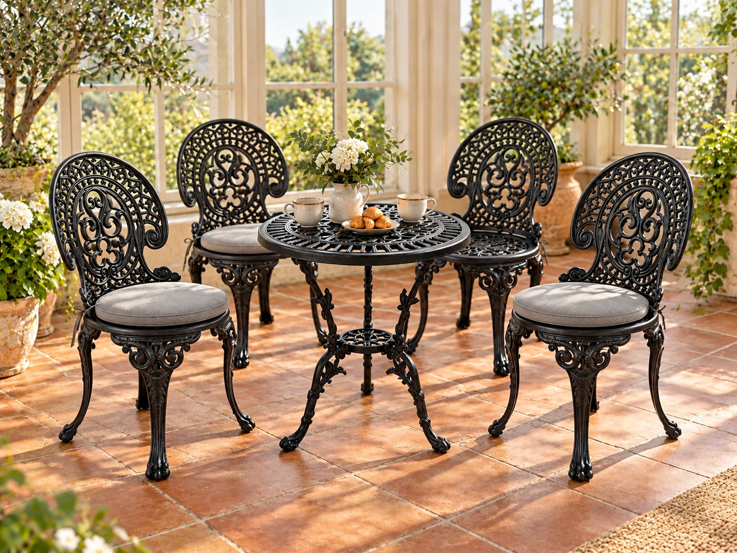 Beispielansicht: schwarzes Romantic-Set mit einem Tisch und vier Stühlen im Wintergarten